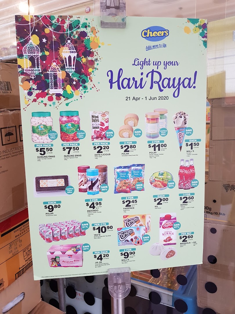 A promotional poster from Cheers convenience store featuring Hari Raya special offers on various food and drink items.