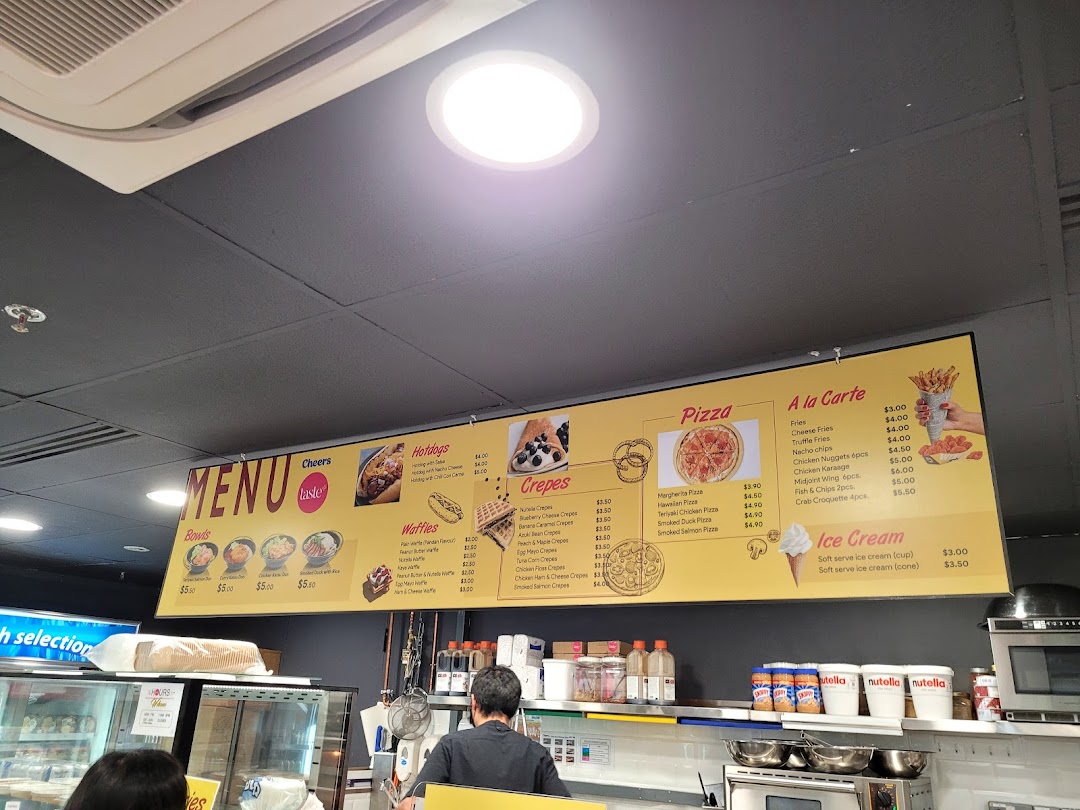 A bright menu board at Cheers displaying various food items like hotdogs, pizzas, crepes, waffles, and ice cream.