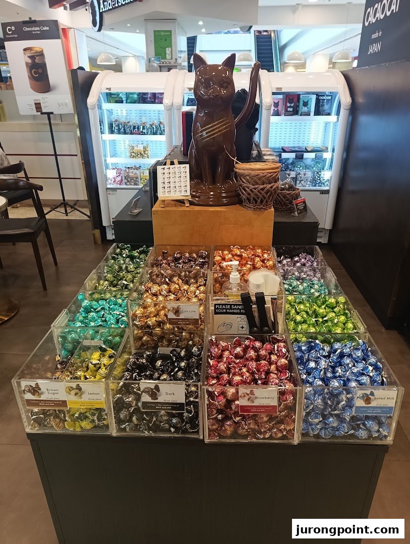 A vibrant display of assorted chocolates, featuring a large chocolate cat statue and various flavors like dark, strawberry, and salted milk.