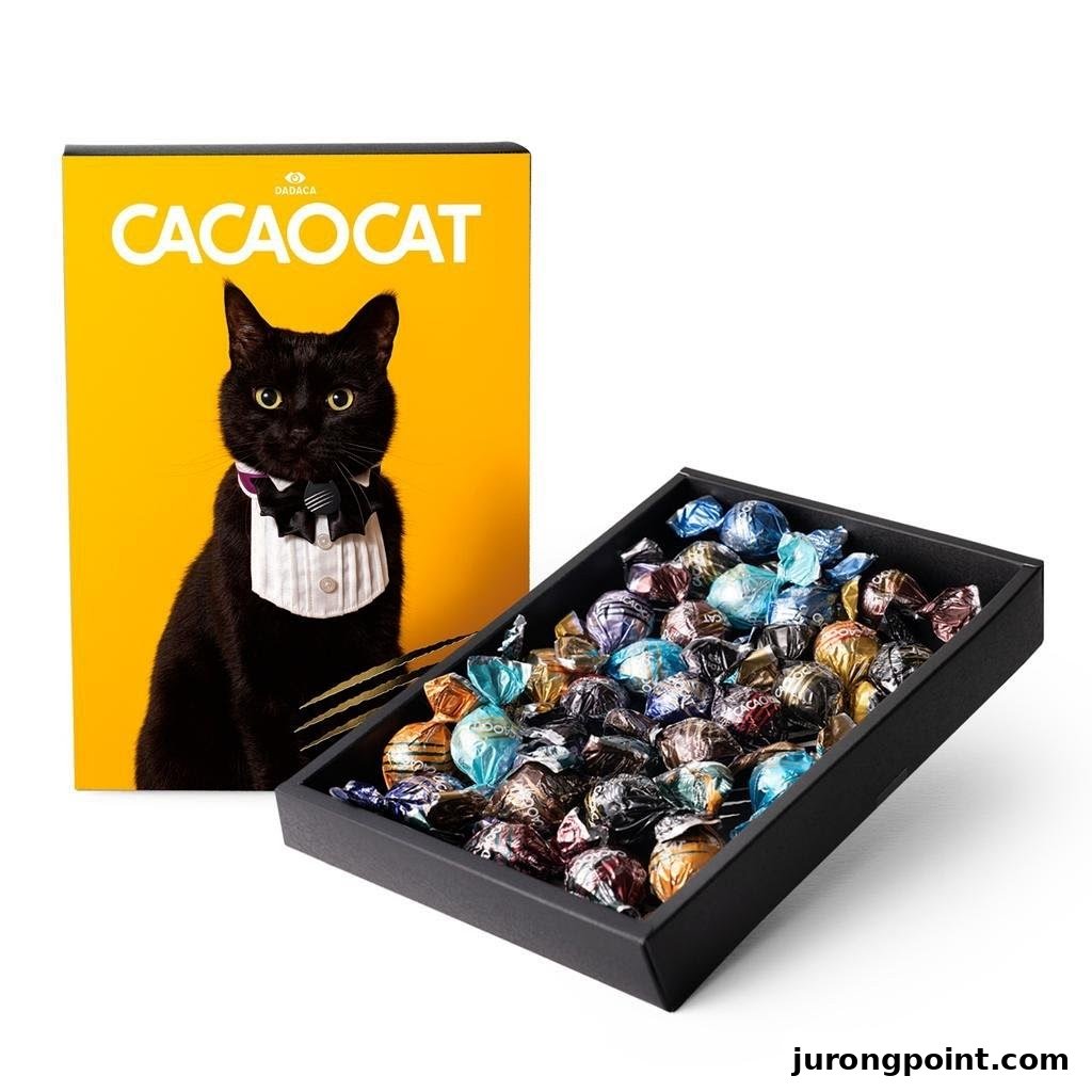 A box of colorful wrapped chocolates next to a CacaoCat branded box featuring a black cat.