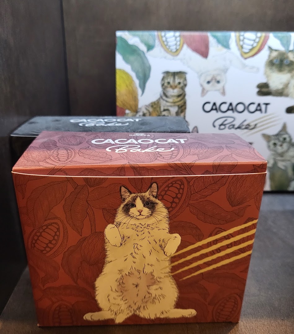 Close-up of CACAOCAT Bake chocolate boxes featuring charming cat illustrations, displayed on a shelf.