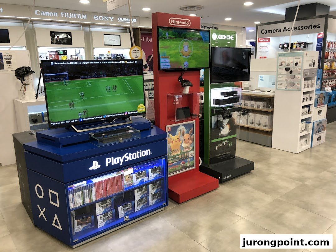 An electronics store interior showcasing gaming consoles, cameras, and accessories from brands like PlayStation, Nintendo, and Xbox.