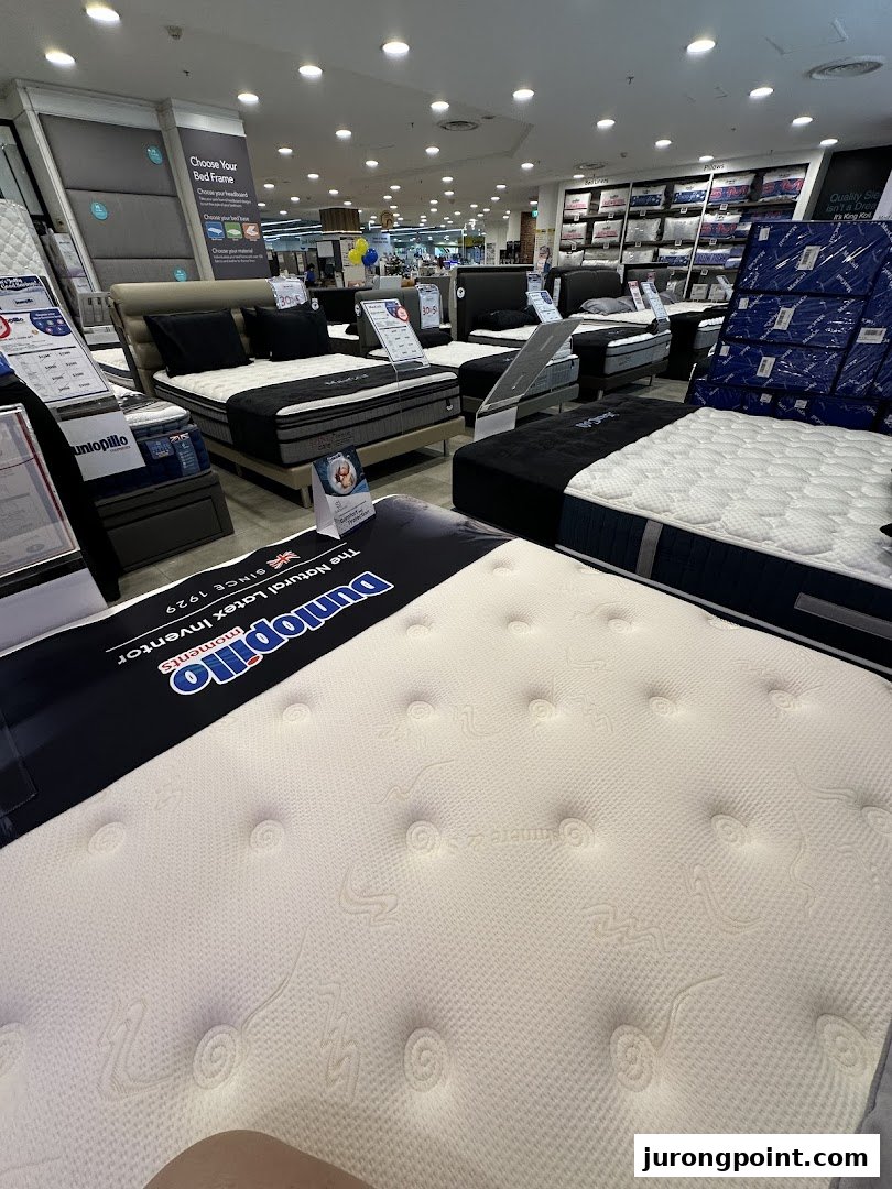 An interior view of COURTS, showcasing a wide selection of mattresses and bed frames in the bedding department.