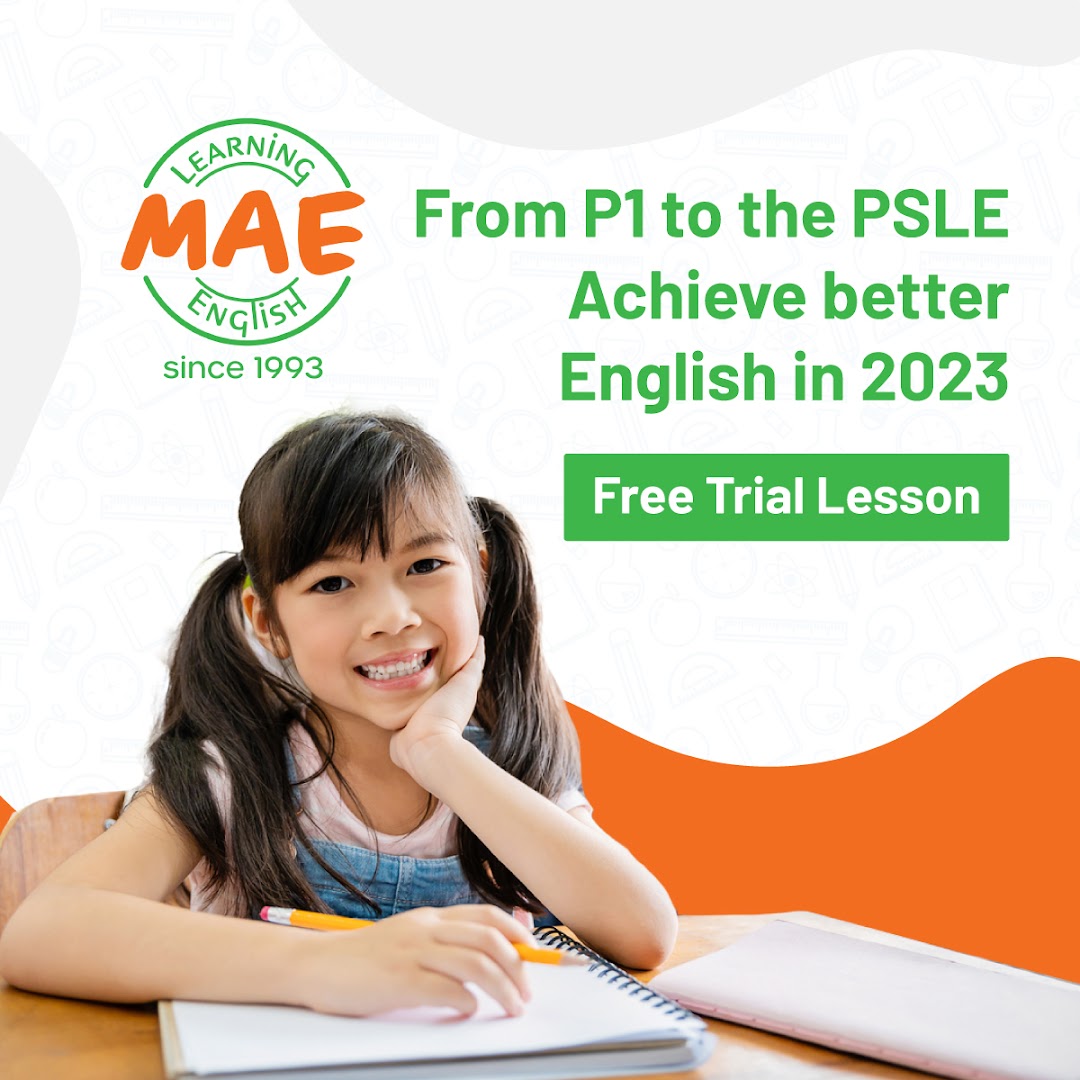 A smiling child with text promoting English lessons from P1 to PSLE, including a free trial.