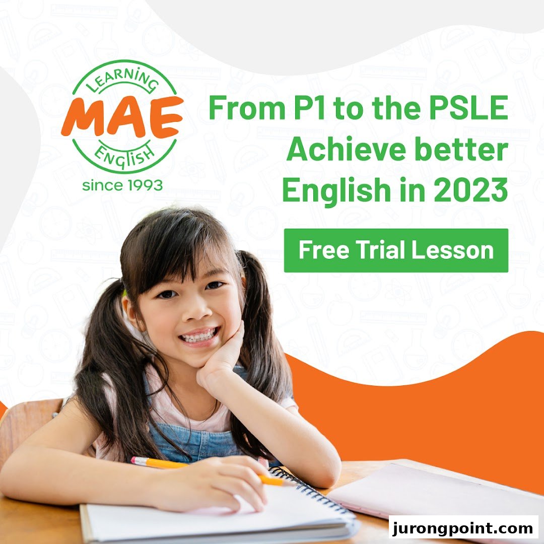 A smiling child with text promoting English lessons from P1 to PSLE, including a free trial.