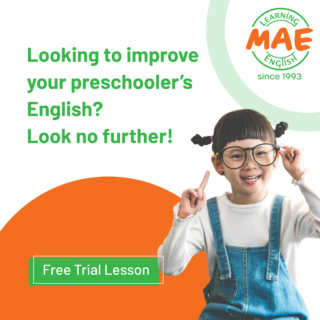 A vibrant graphic featuring a smiling child and text promoting English lessons for preschoolers.