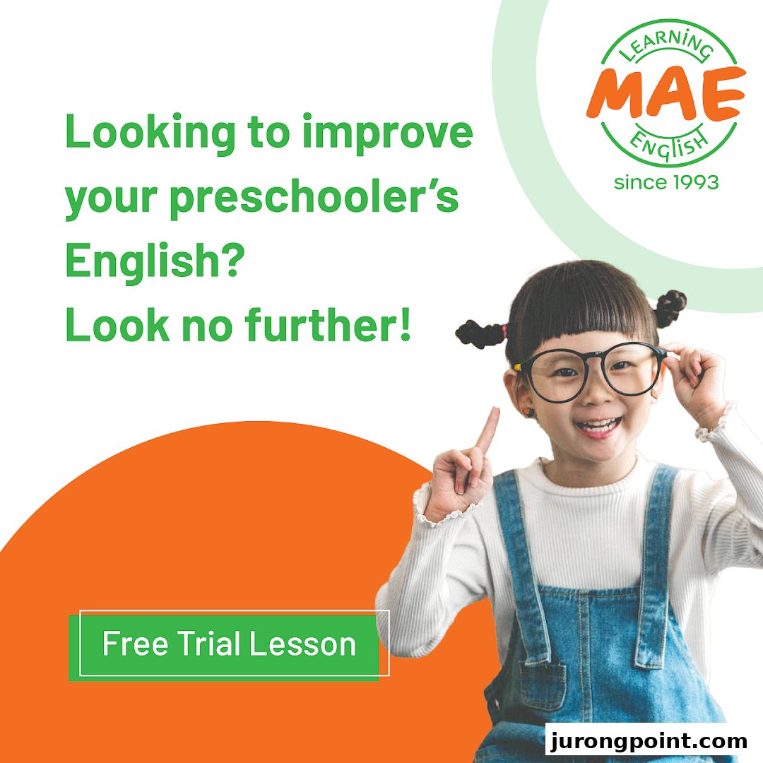 A vibrant graphic featuring a smiling child and text promoting English lessons for preschoolers.