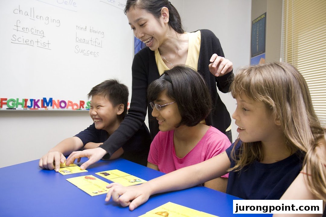 A teacher guides three smiling students engaged in a learning activity at DAS International.