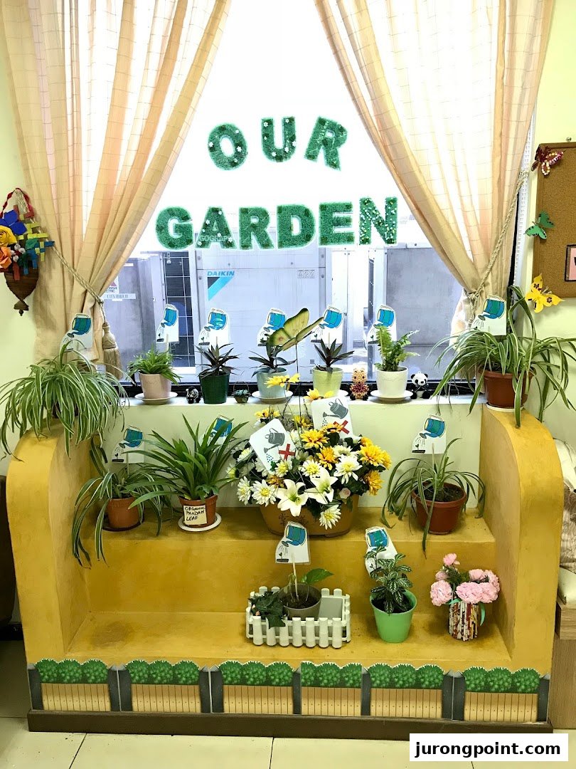 An indoor garden display with various potted plants and flowers on a tiered stand, featuring a 'OUR GARDEN' sign.