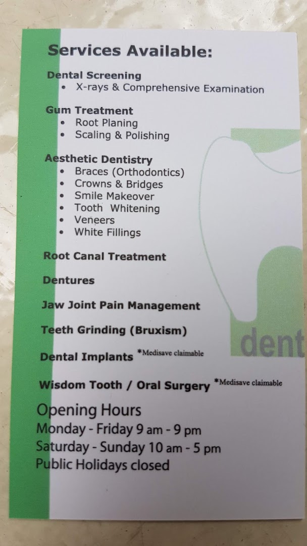A detailed list of dental services offered by DentalTrendz Boon Lay, including opening hours.