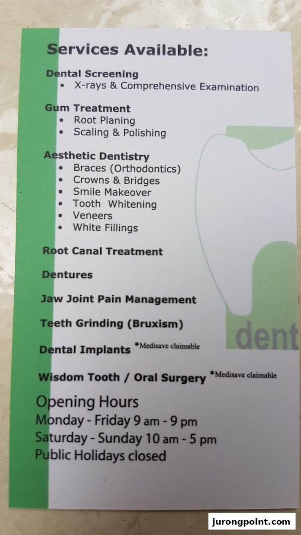 A detailed list of dental services offered by DentalTrendz Boon Lay, including opening hours.