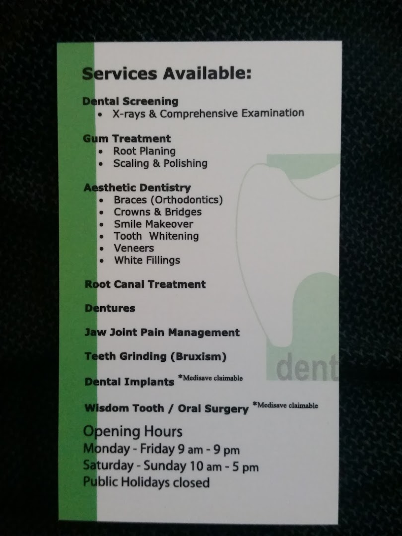 A list of dental services offered by DentalTrendz Boon Lay, including opening hours.