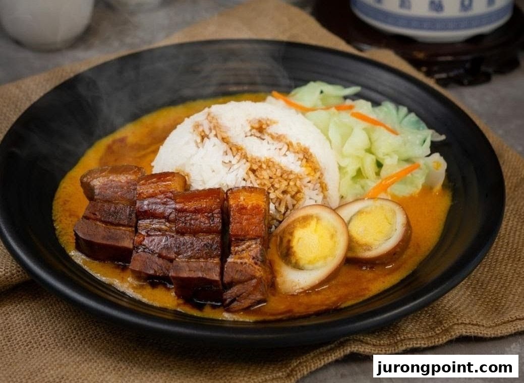 A delicious plate of braised pork belly with rice, eggs, and vegetables in a rich sauce.