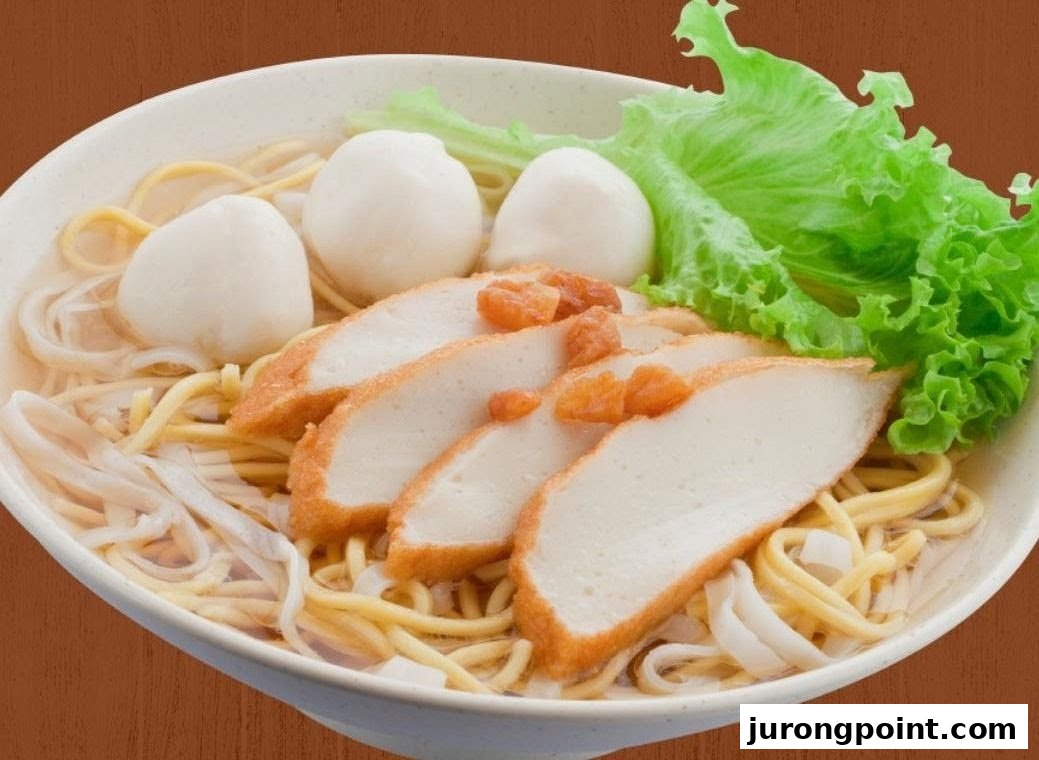 A close-up of a bowl of noodles with fish cakes, fish balls, and fresh lettuce.