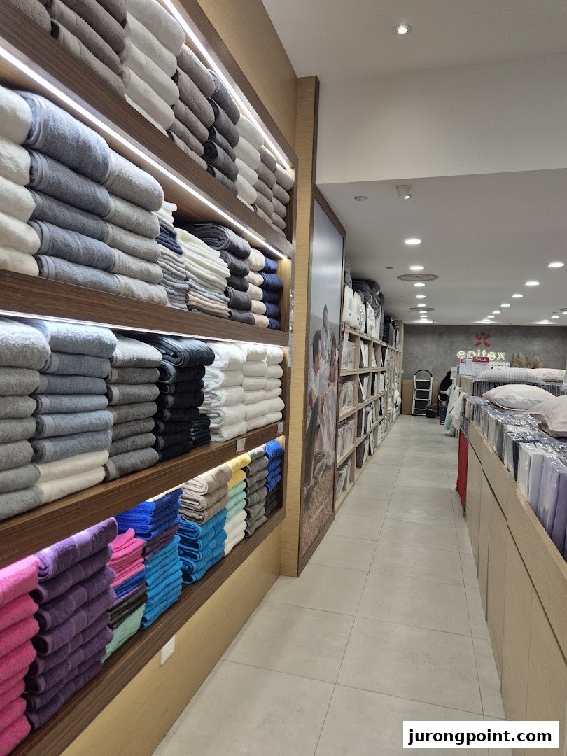 An interior view of Epitex, showcasing neatly stacked towels and various home textile products on display.