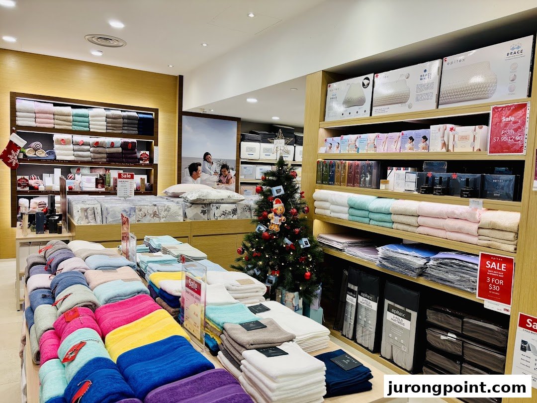Interior view of Epitex showcasing colorful towels, bedding, pillows, and festive Christmas decorations.