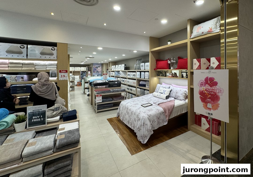 Interior view of Epitex, a home linen store, showcasing bedding, towels, and sale items.