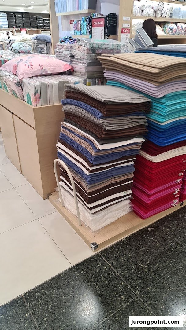 An interior shot of Epitex, showcasing stacks of colorful bath mats and other home textile products.