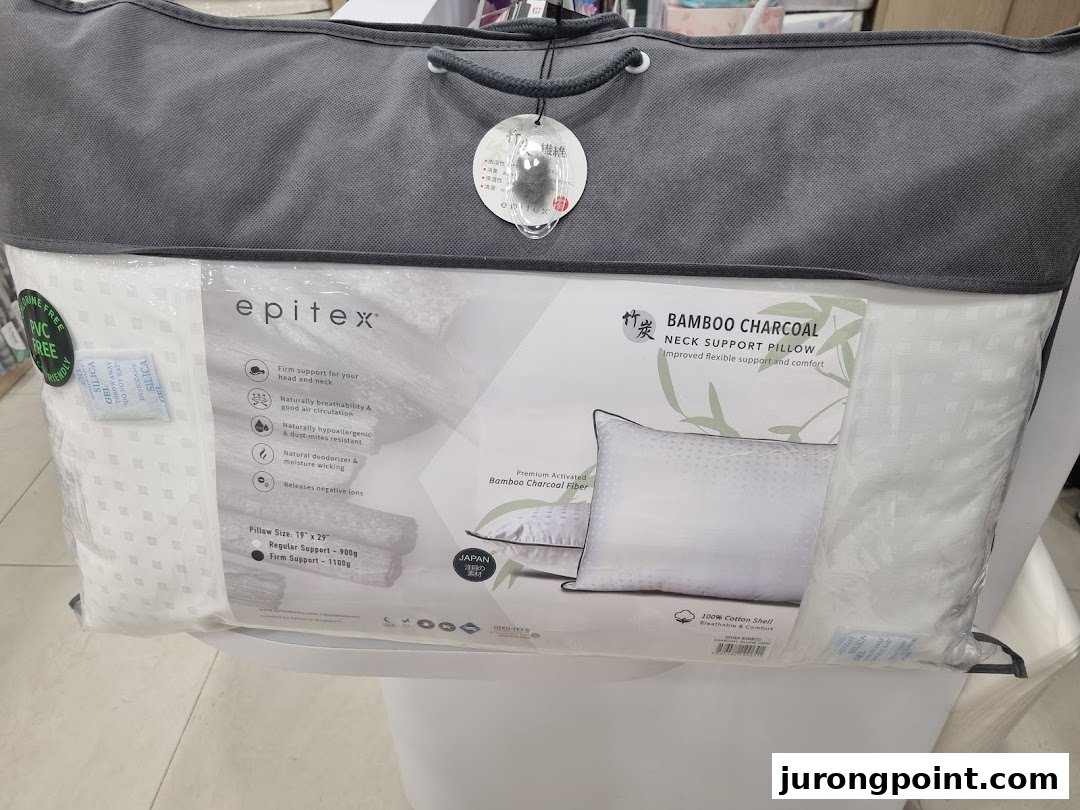 A packaged Epitex Bamboo Charcoal Neck Support Pillow with product details visible.