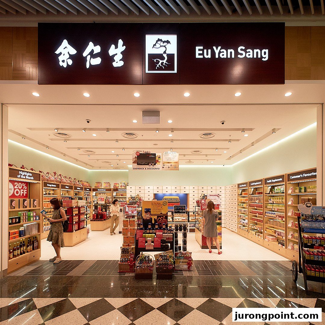 Interior view of Eu Yan Sang store with customers browsing health supplements and traditional Chinese medicine products.
