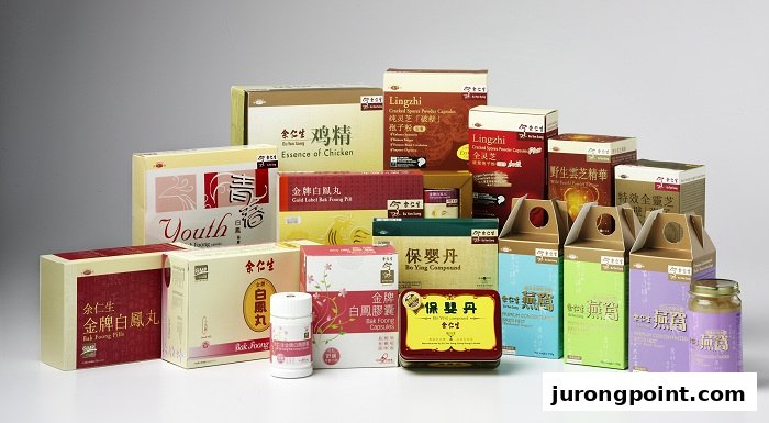 A display of various packaged traditional Chinese medicine and health supplement products from Eu Yan Sang.