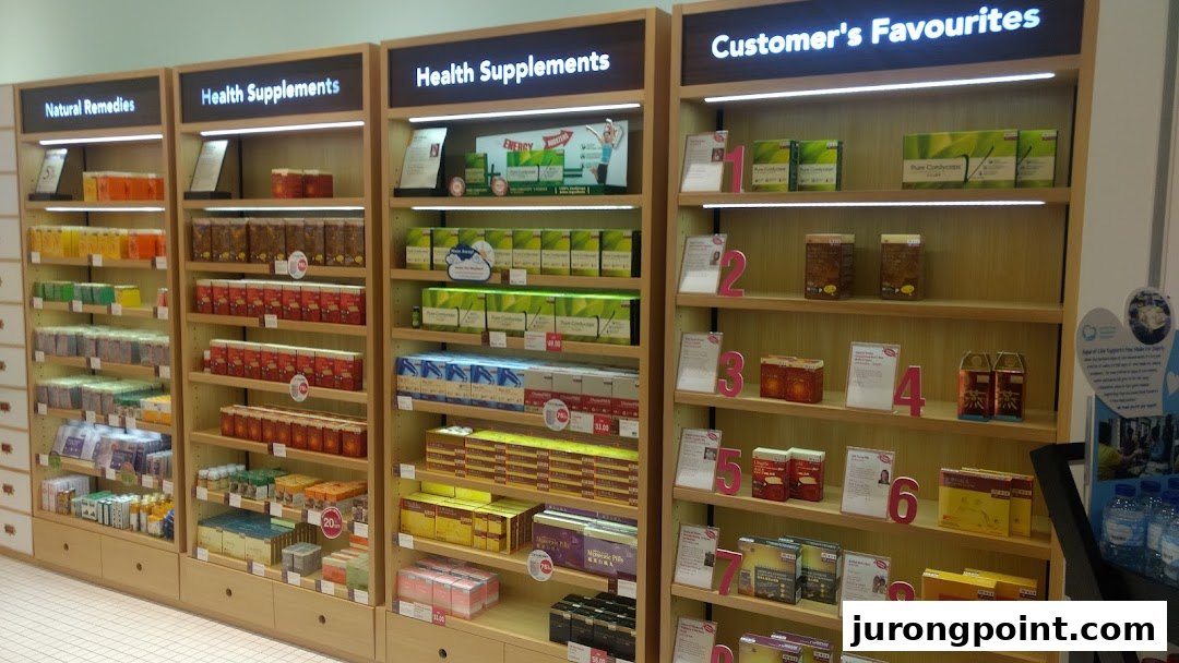 Interior view of Eu Yan Sang showcasing shelves filled with natural remedies and health supplements.