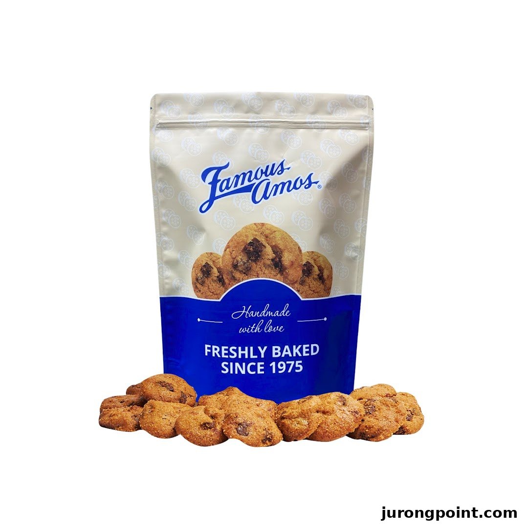 A Famous Amos cookie bag featuring freshly baked chocolate chip cookies.