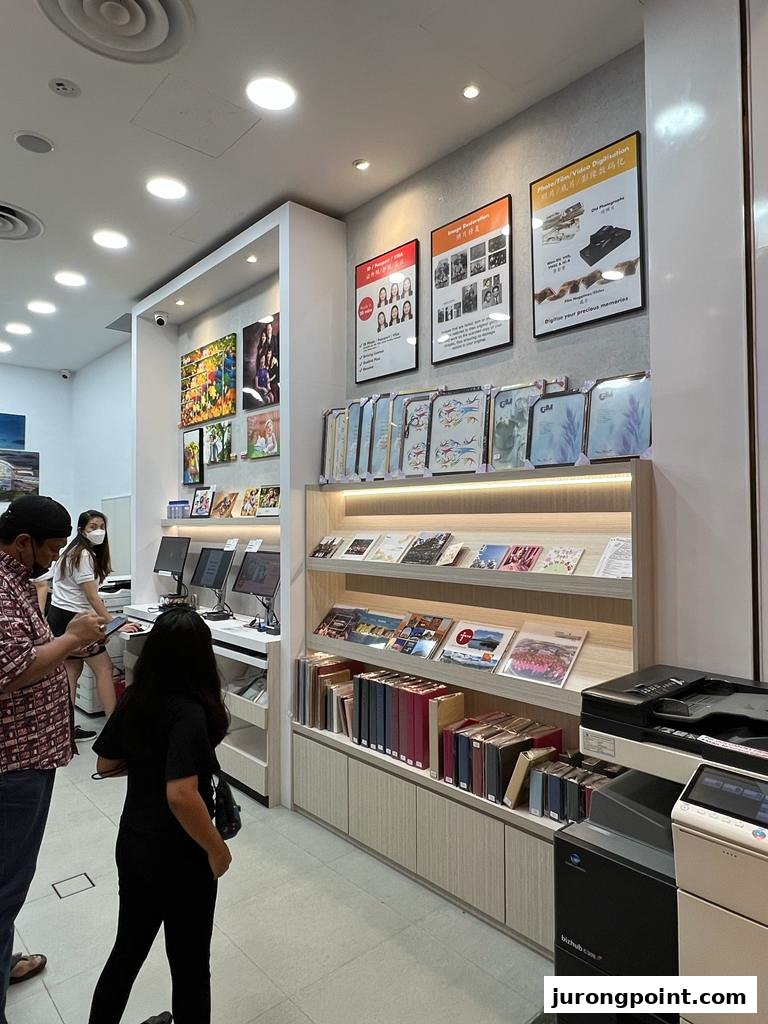 Interior view of FotoHub, showcasing photo albums, prints, and customer service stations.