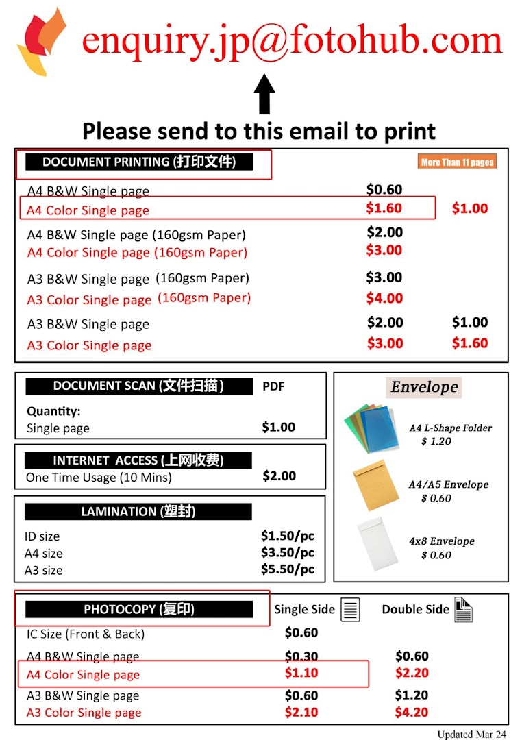 A detailed price list for various printing, scanning, lamination, and photocopy services offered by FotoHub.