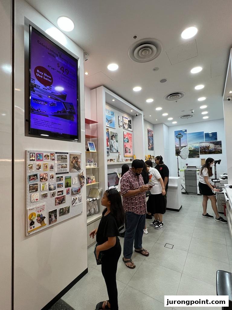 Inside FotoHub, customers browse photo printing services and personalized gifts, with digital displays and product samples.