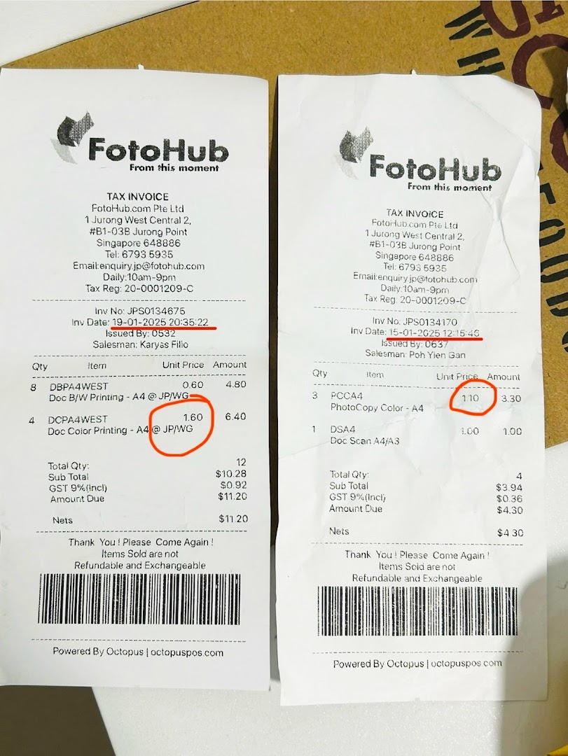 Two detailed receipts from FotoHub, showcasing various photo and document printing and scanning services.