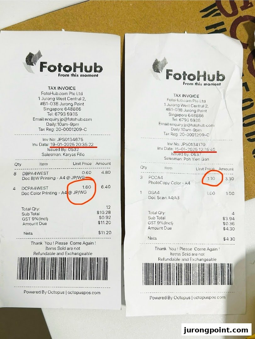 Two detailed receipts from FotoHub, showcasing various photo and document printing and scanning services.