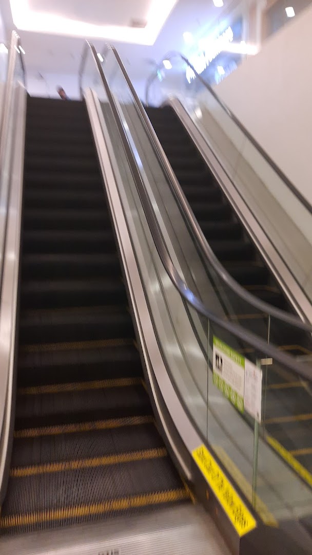 View of escalators in a bright, modern shopping mall interior.
