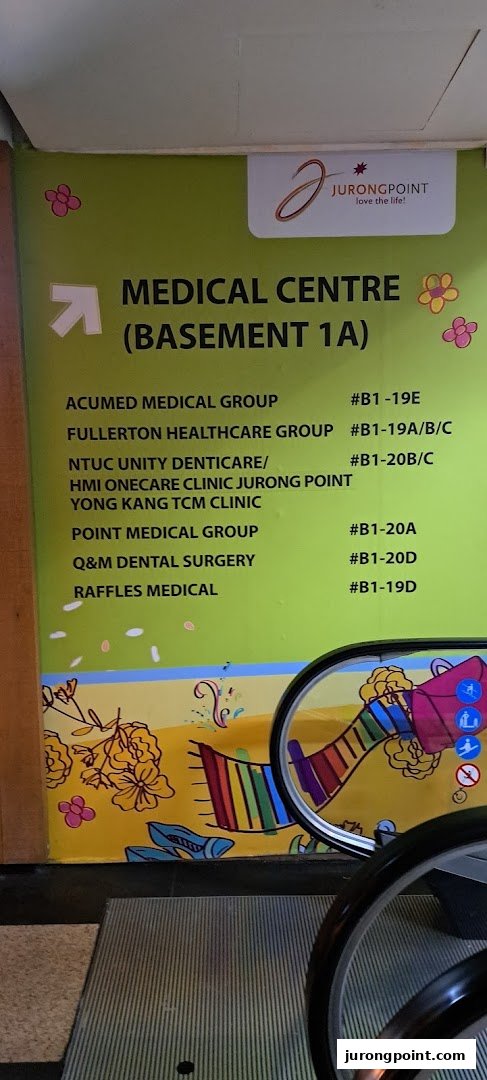 A directory board for the Medical Centre at Jurong Point, listing various clinics and their unit numbers.
