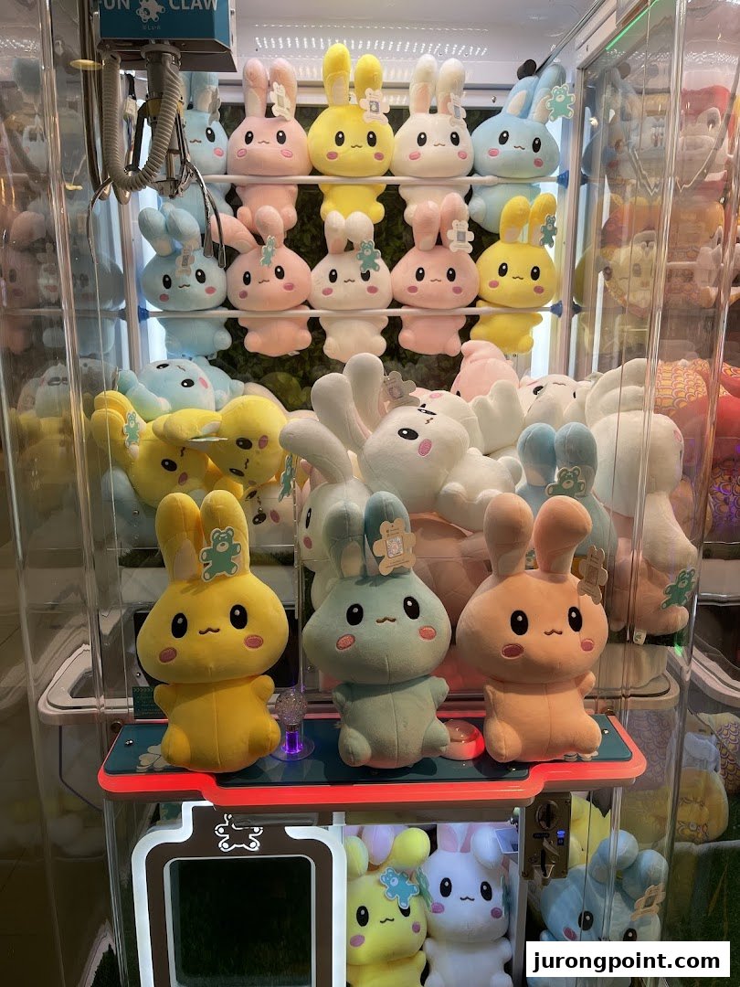 A claw machine filled with rows of colorful, cute bunny plush toys, ready to be won.