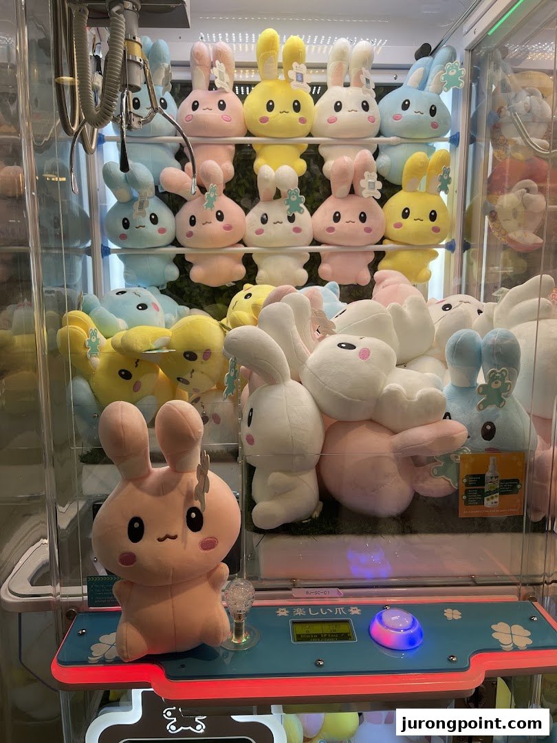 A vibrant claw machine filled with an assortment of cute, pastel-colored bunny plush toys.