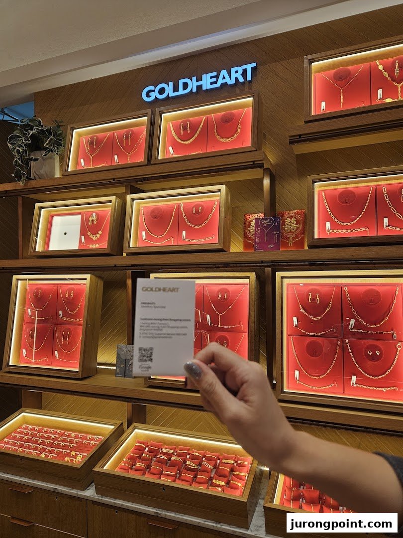 Interior view of Goldheart Jewelry showcasing various gold jewelry pieces in illuminated display cases.