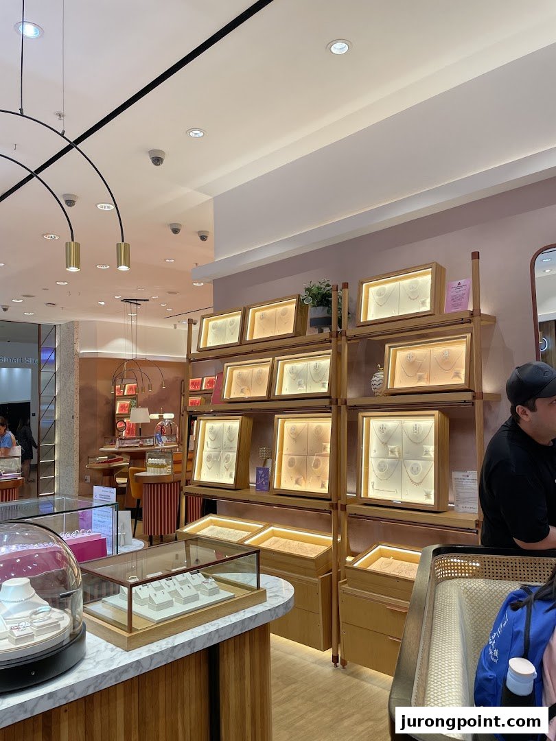 Interior view of Goldheart Jewelry showcasing illuminated display cases with various jewelry pieces.