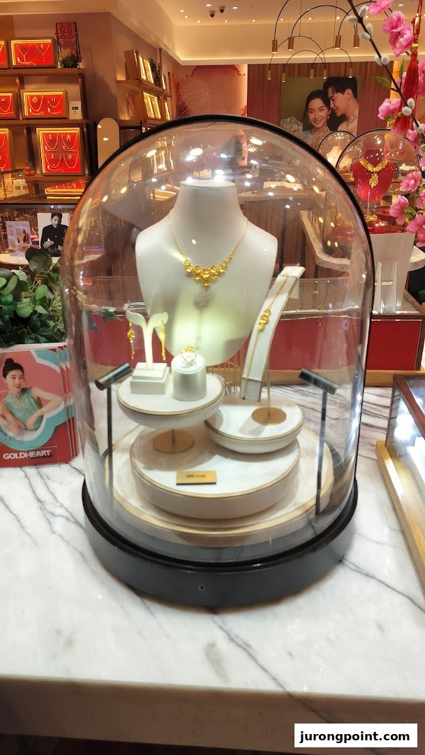 A display of exquisite gold jewelry, including a necklace, earrings, and ring, showcased under a glass dome.