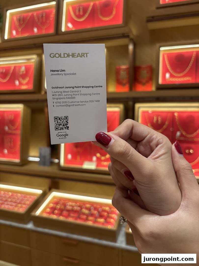 A hand holds a Goldheart business card in front of illuminated jewelry display cases.