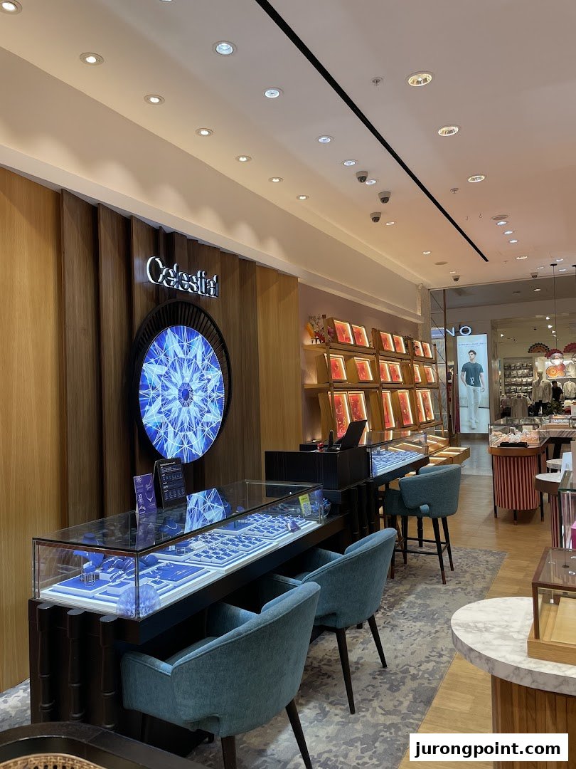 Interior view of Goldheart Jewelry showcasing elegant display cases with jewelry and comfortable seating.