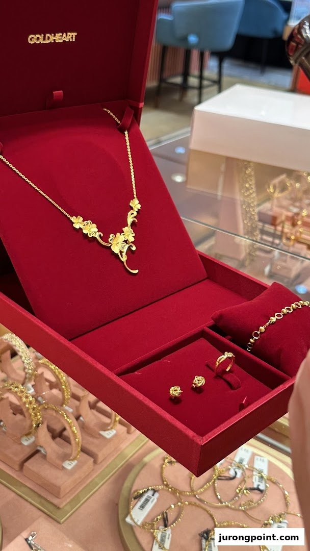 A stunning gold floral jewelry set, including necklace, earrings, ring, and bracelet, displayed in a red Goldheart box.
