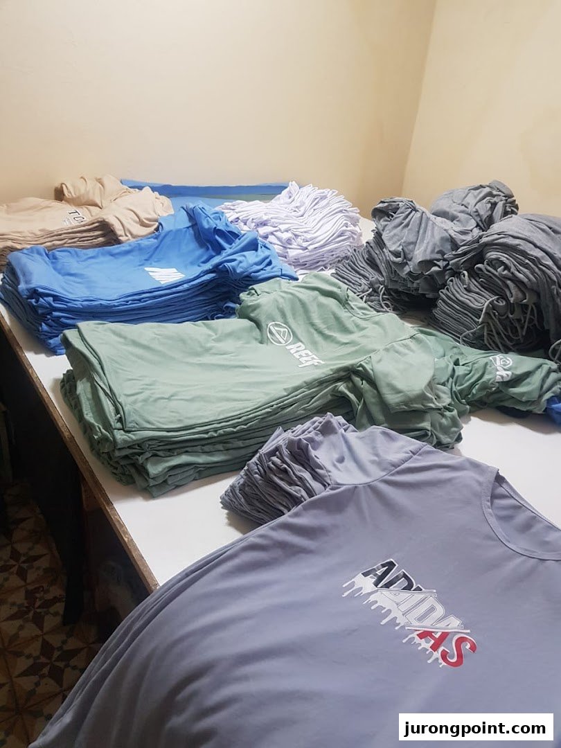 Stacks of various colored t-shirts with different brand logos on a table.