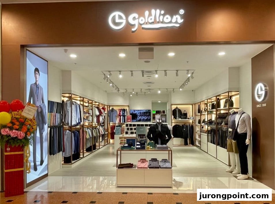 The Goldlion Apparel shop front features a bright, modern interior with men's clothing and accessories on display.