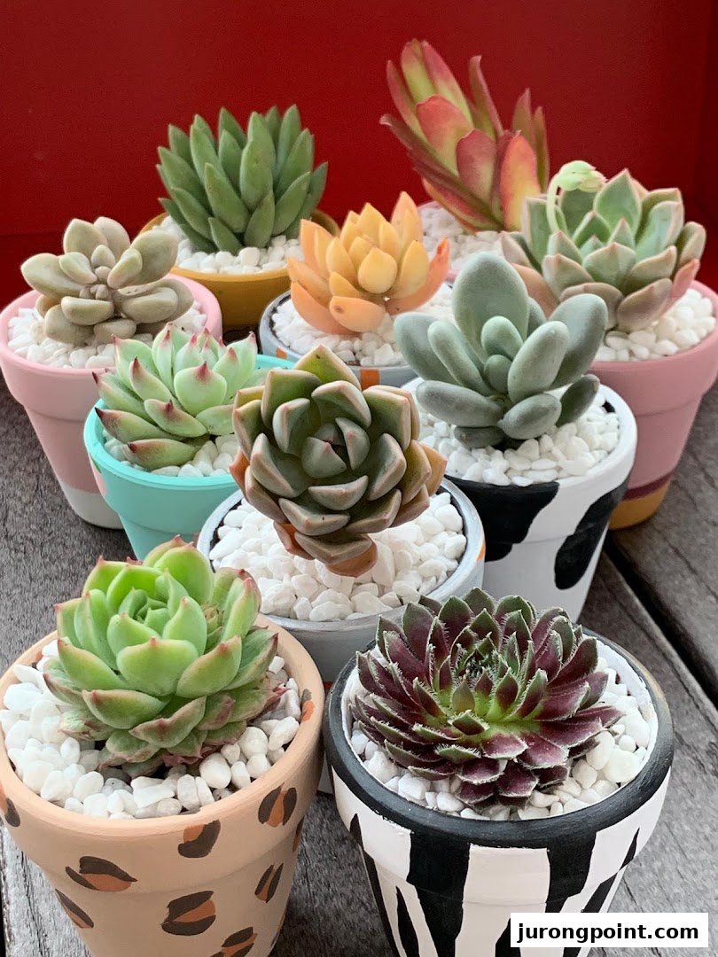 A vibrant collection of potted succulents in decorative planters with white pebbles.