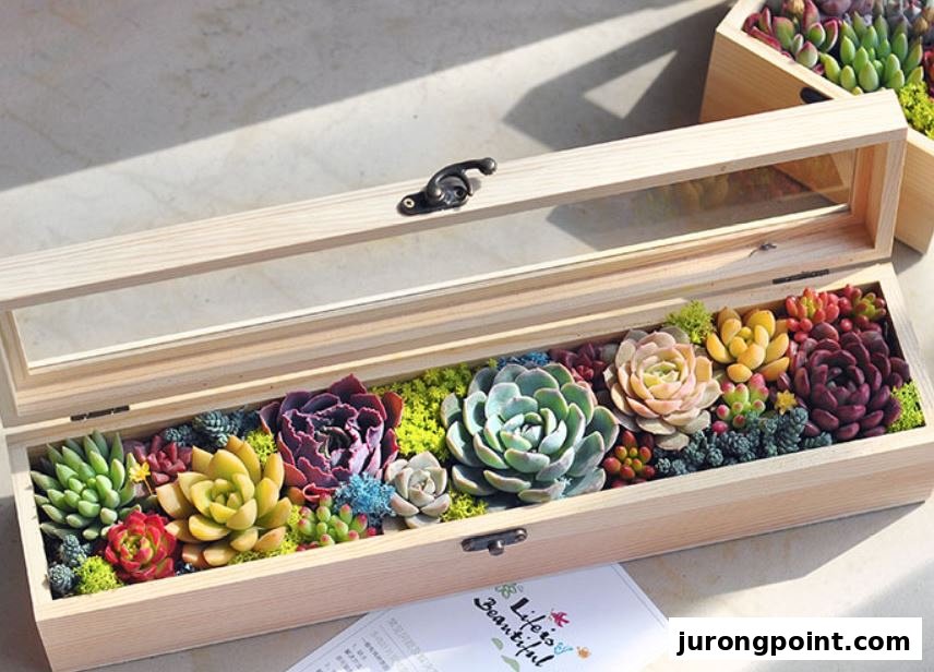 A wooden box showcasing a vibrant, diverse arrangement of colorful succulents and green moss.