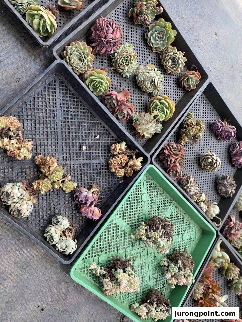 Trays of vibrant, diverse succulents are displayed, ready for new homes.