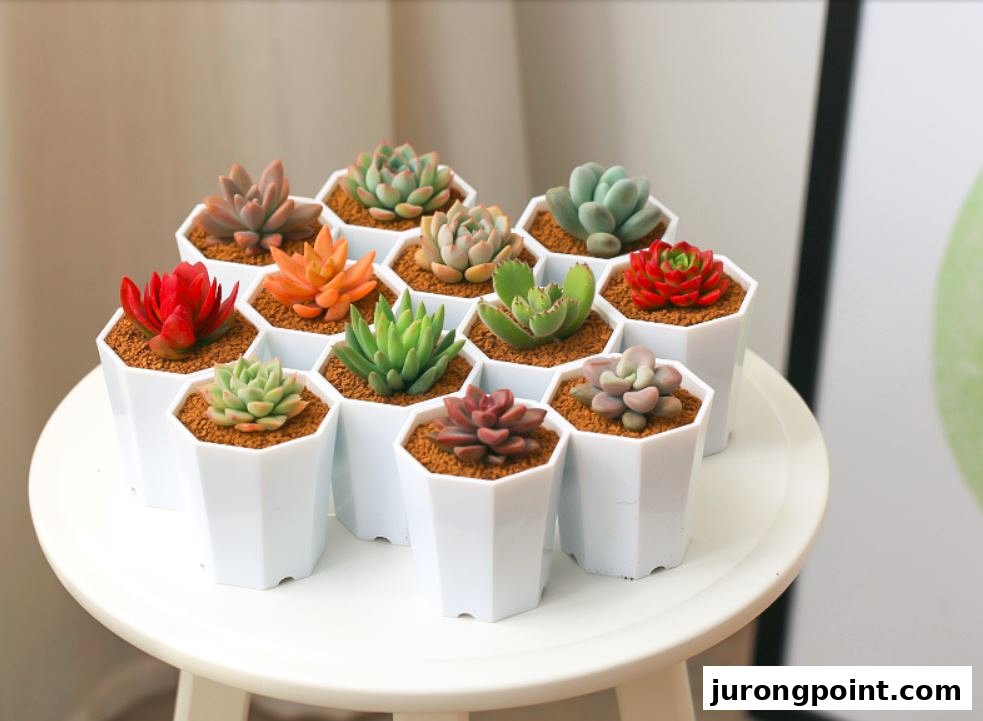 A vibrant collection of small succulents in white hexagonal pots displayed on a white table.