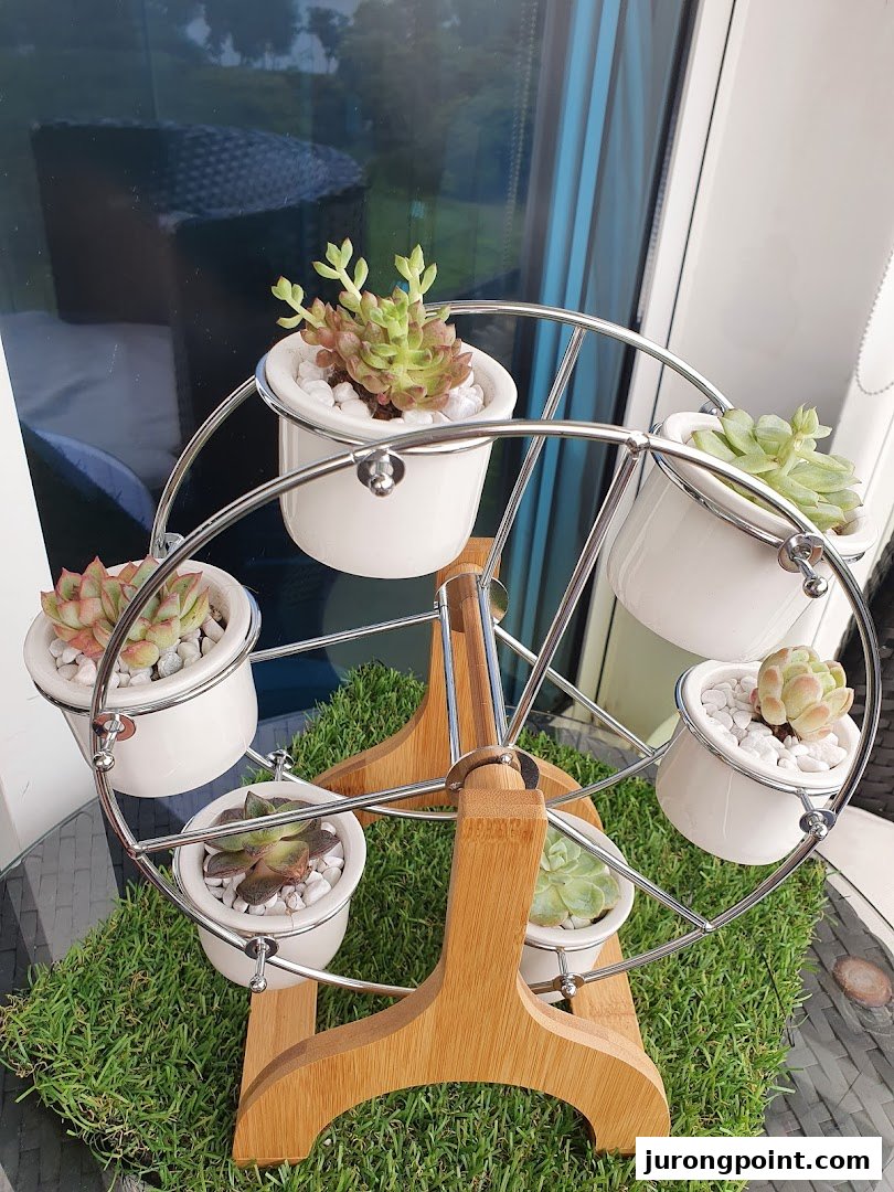 A decorative Ferris wheel stand displaying various small potted succulents on artificial grass.