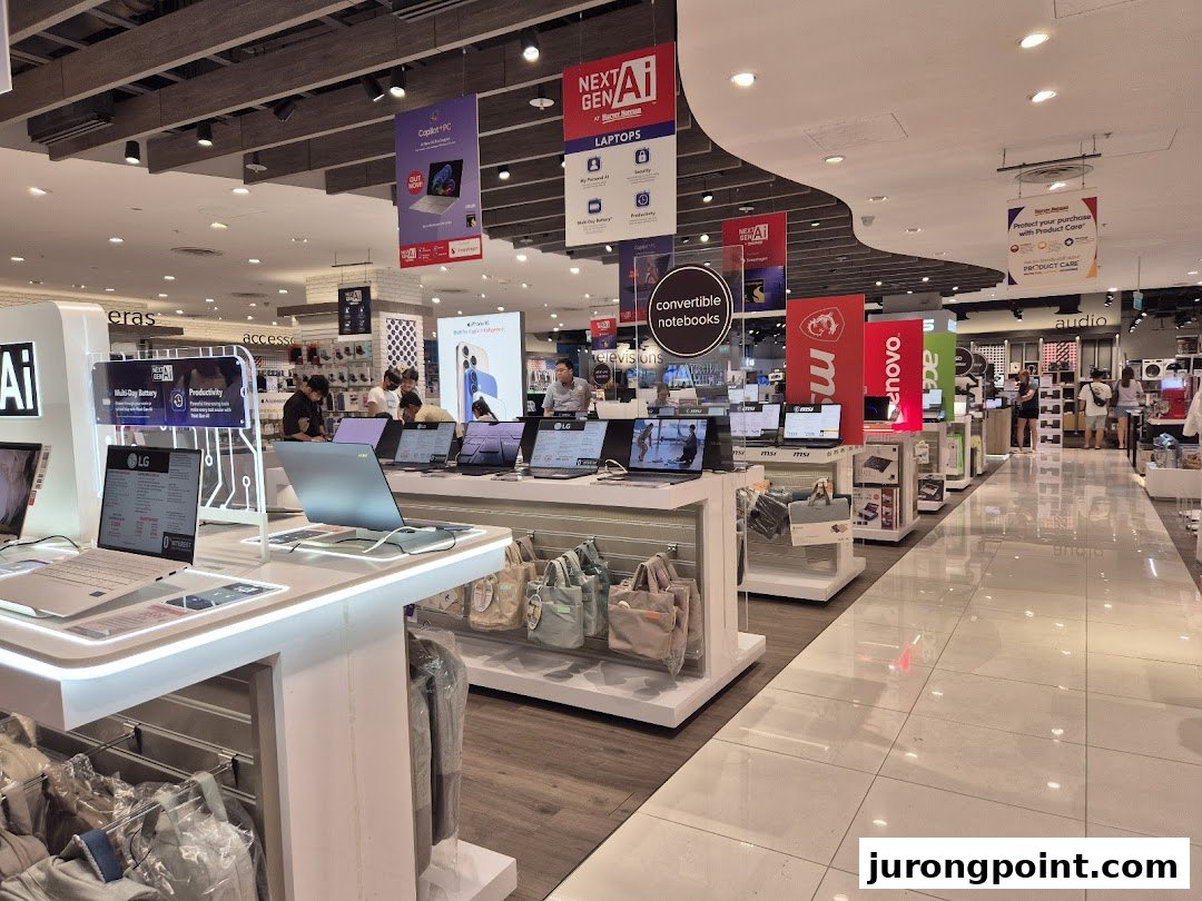 A wide interior view of Harvey Norman's electronics section, showcasing various laptops and tech displays.